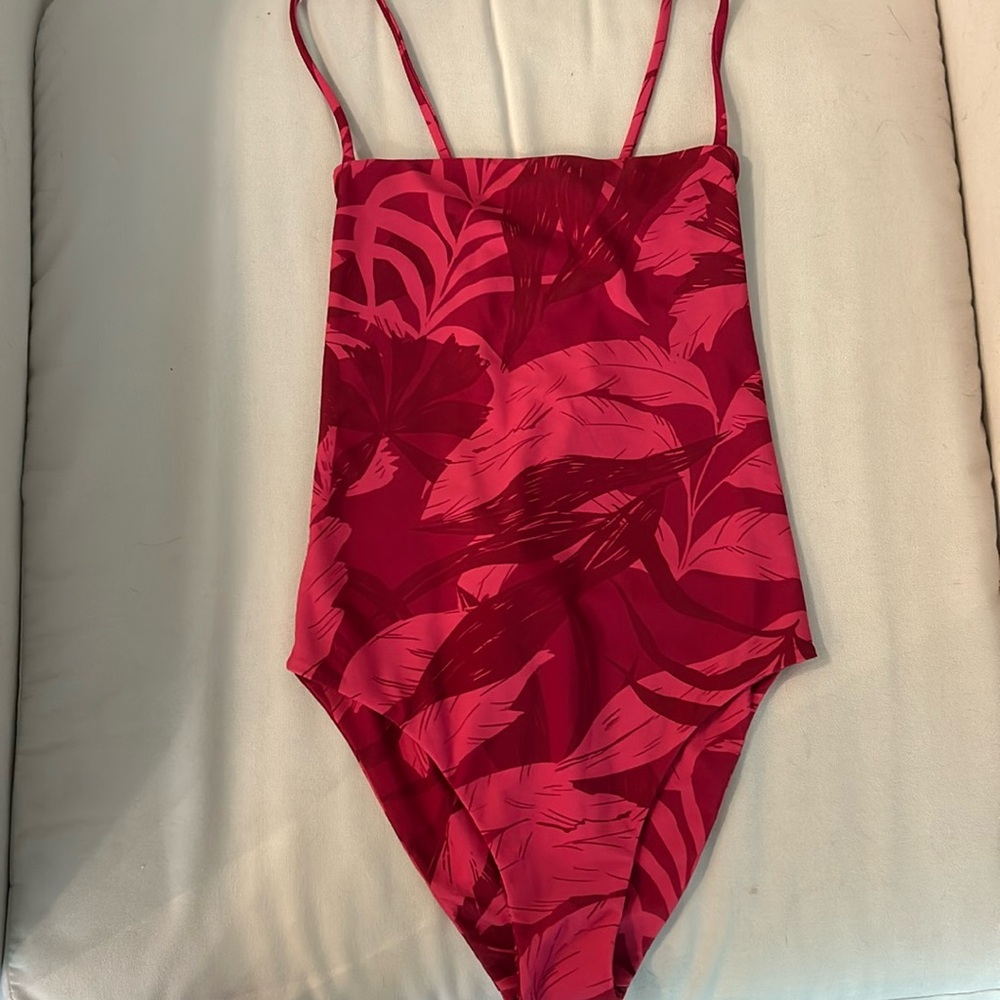 Citrine Swim, Luna One Piece Swimsuit in Crimson Palms, Size Small.